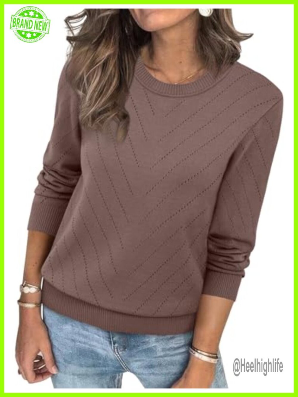 Womens Crew Neck Eyelet Knit Sweater Long Sleeve Pullover Soft Cozy Casual